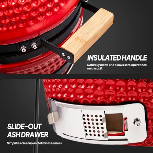 ROVSUN 13IN Red Spherical Ceramic Charcoal Grill with Inner Liner, Portable BBQ Smoker for Outdoor Cooking, Camping, and Backyard Grilling