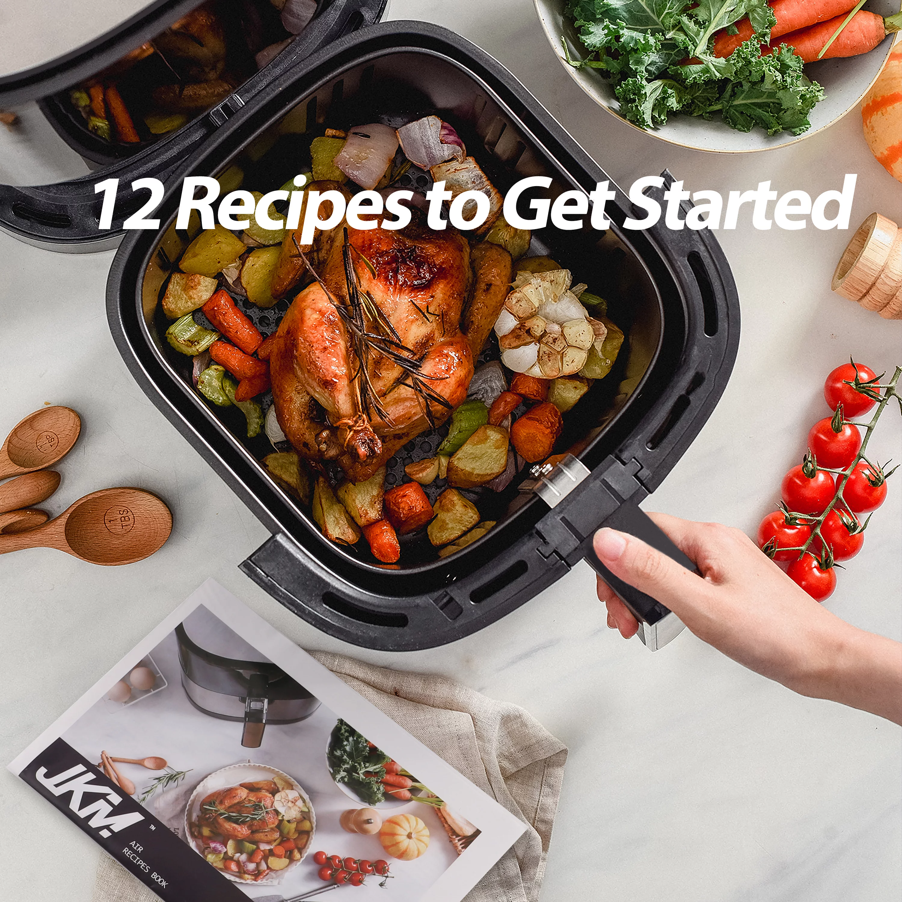 JKM Air Fryer 6.7 Quart, Digital Oilless Frying Cooker, Auto Shut Off, Stainless Steel, 8 Preset Programs