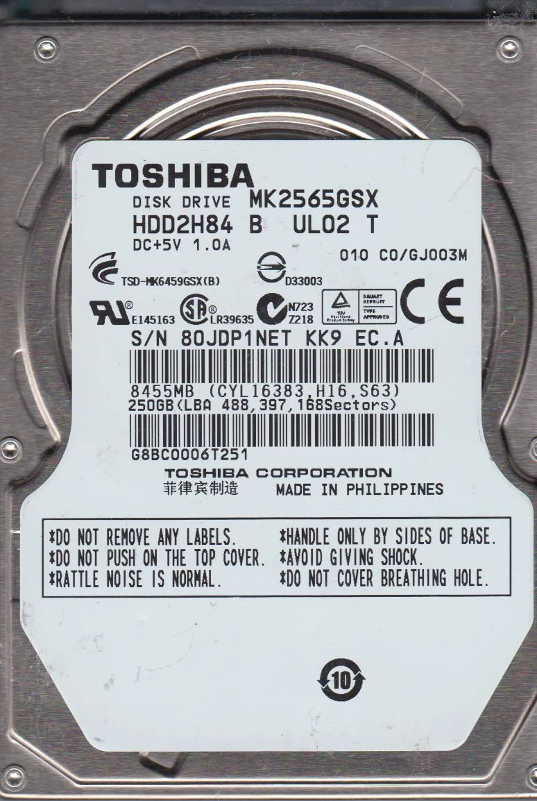 MK2565GSX, C0/GJ003M, HDD2H84 B UL02 T, Toshiba 250GB SATA 2.5 Hard Drive