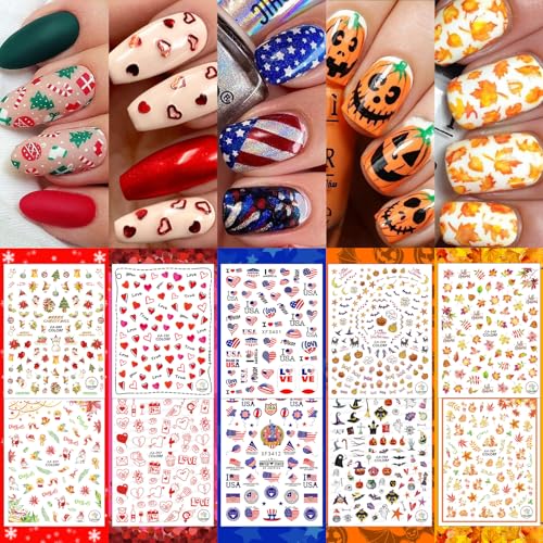 30 Sheets All Holiday Nail Stickers, Thanksgiving Independence Christmas Valentine's HalloweenDay Nail Art Decals Mixed All Season Set, Self-Adhesive Design Year-Round Manicure Decorations Supplies