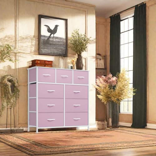 DWVO Dresser with 9 Drawers, Fabric Storage Dresser, Closet Chest of Drawers for Living Room, Closets - Sturdy Steel Frame, Wooden Top & Easy Pull Fabric Bins (Pink)