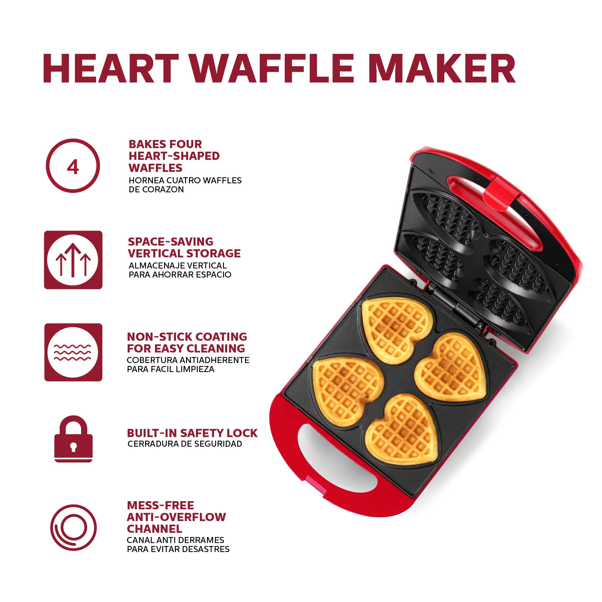 Holstein Housewares 4-Section Heart Shaped Waffle Maker, Red