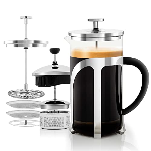 OVENTE French Press Coffee Maker, 34oz Heat Resistant Borosilicate Glass, BPA-Free Brewing Pot with 4-Level Filter System and Stainless Steel Plunger for Cold Brew Coffee, Tea and More, Clear FGC34T