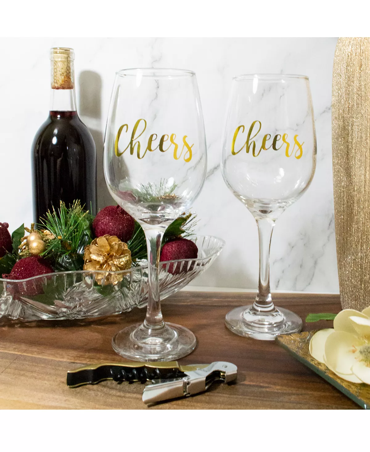 Tmd Holdings Cheers! Hostess Set with Opener & 2 Stemmed Wine Glasses
