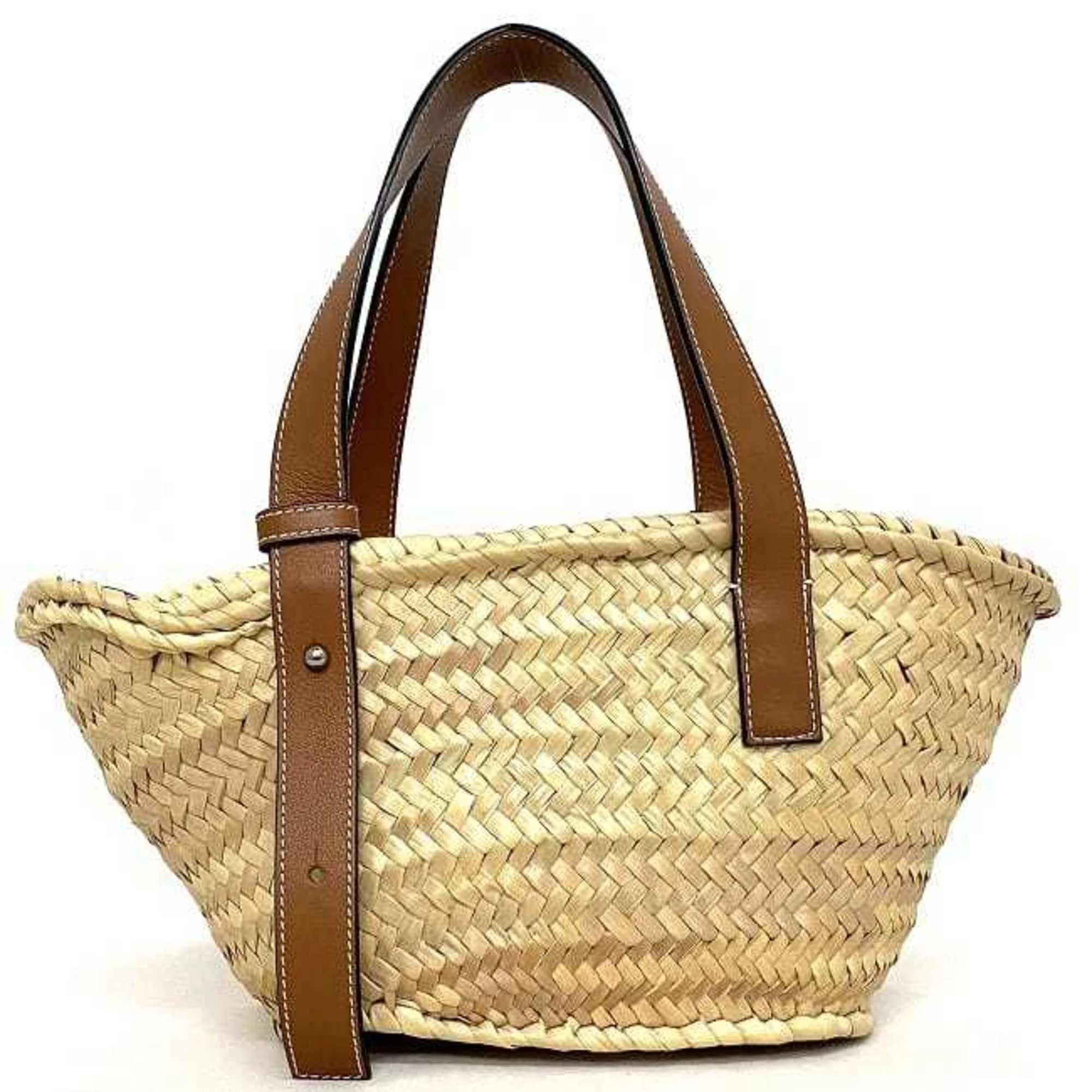 Pre-Owned Loewe Basket Bag Beige Brown Anagram 327.02.S93 Tote Palm Leaf Calf Leather LOEWE Straw Handbag (Good)