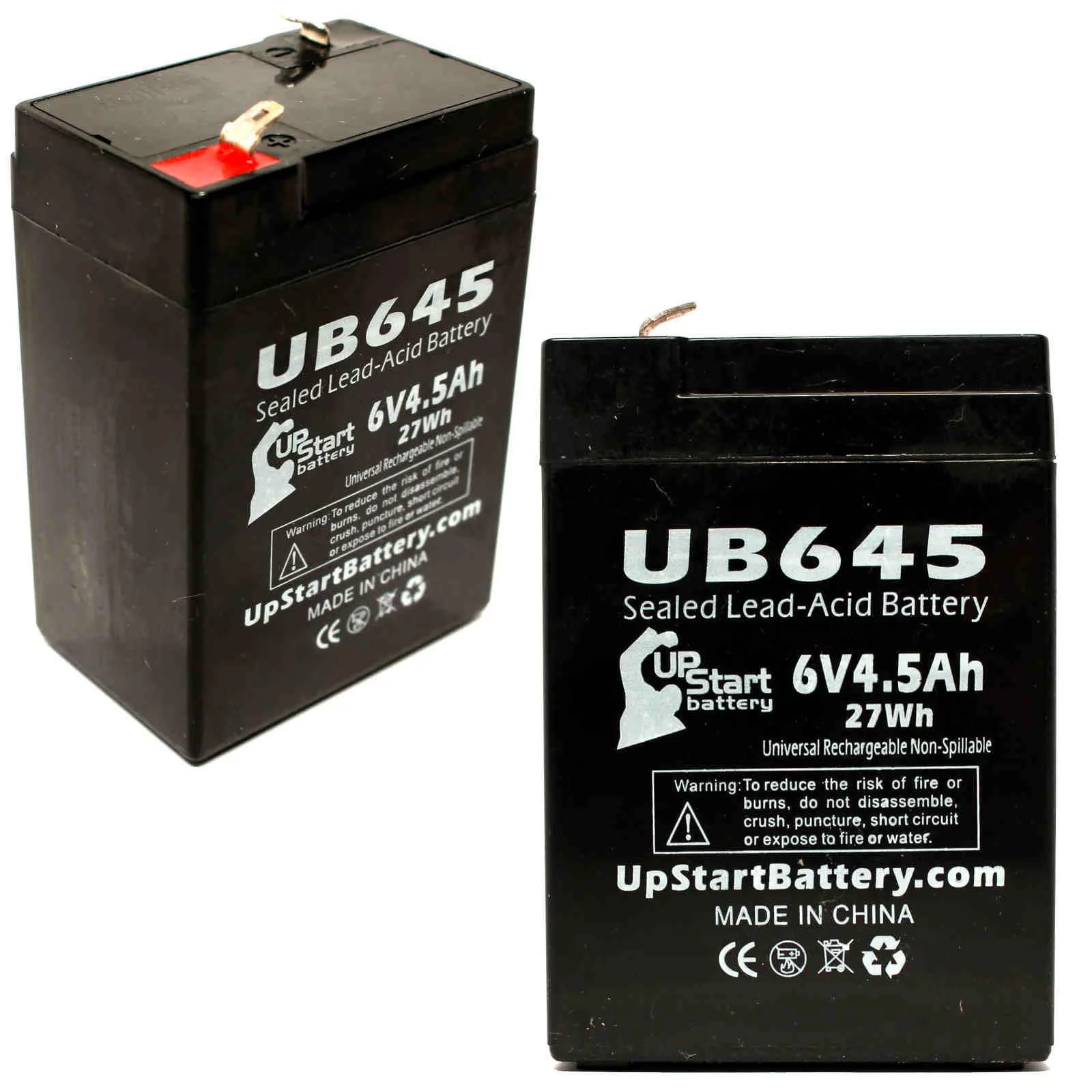 2x Pack - Compatible W. W. Grainger 5VC01 Battery - Replacement UB645 Universal Sealed Lead Acid Battery (6V, 4.5Ah, 4500mAh, F1 Terminal, AGM, SLA) - Includes 4 F1 to F2 Terminal Adapters