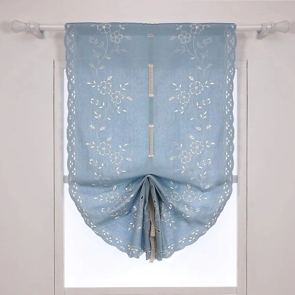 ZHH Blue Roman Shade Curtains Retro Tie-Up Window Curtains Flower Openwork Cotton Curtains Handmade Crochet Embroidered Balloon Shade Room Decor H 32