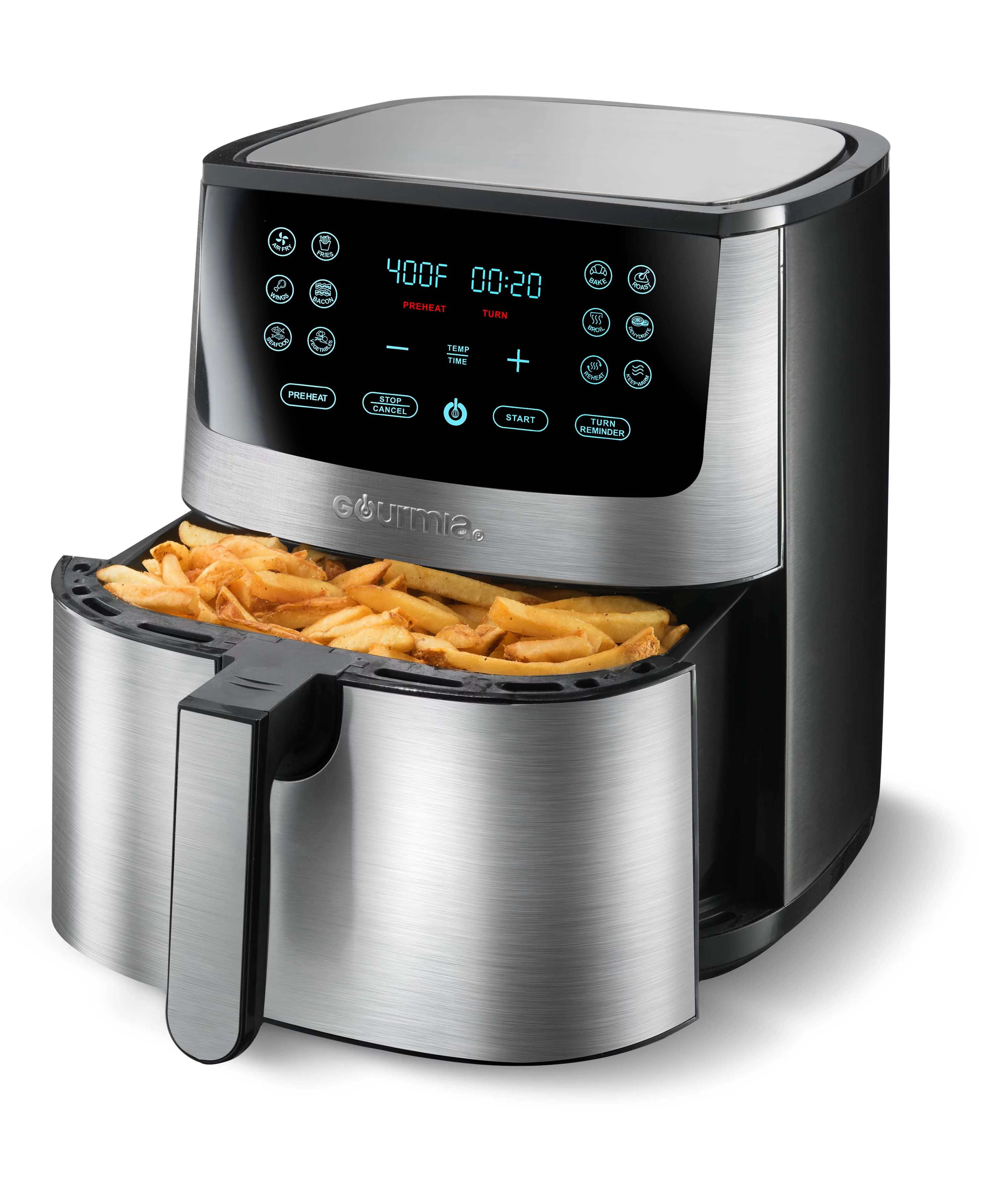 Gourmia 8-Qt Digital Air Fryer with Guided Cooking, Stainless Steel, 13.5 High, New