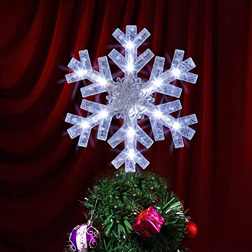 Dazzle Bright Snowflake Christmas Tree Topper, 9 inch Christmas Tree Topper Ornament with 15 White LED Lights, Lighted Tree Topper Christmas Decorations for Xmas Indoor Holiday Decor