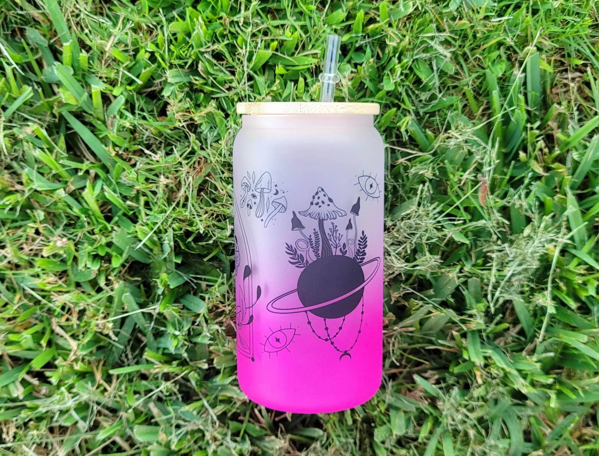 Mushroom Beer Can Glass | Boho Mushroom Coffee Glass | Aesthetic Coffee Glass | 16 oz