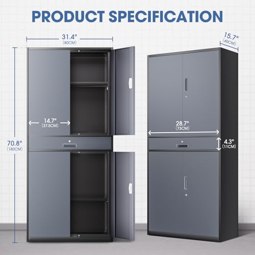 DNA MOTORING 71'' Metal Storage Cabinet, Locking Tool Cabinet with 1 Drawer and Adjustable Shelves, Lockable Heavy Duty Metal Locker for Garage,Office,Home,Gym, Gray, TOOLS-00629-GY-GY-A