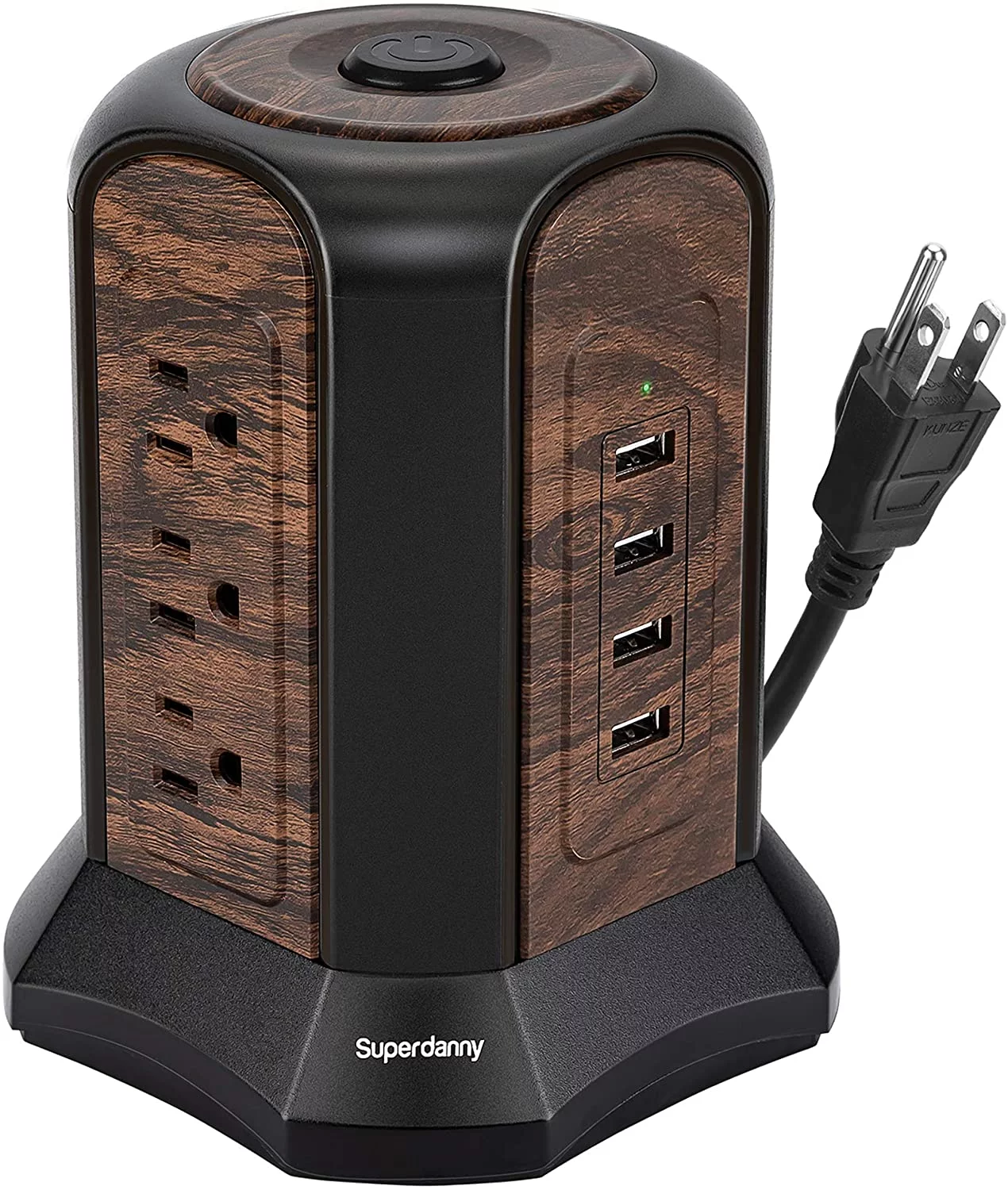 SUPERDANNY 9 Outlets 4 USB Power Strip Tower Surge Protector 1080J with 10 ft Extension Cord Deep Wood Grain