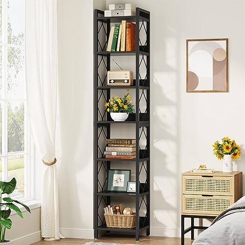 Tribesigns 78.7 Inch Extra Tall Narrow Bookshelf, 7 Tier Skinny Bookcase for Small Spaces, Freestanding Display Shelves, Multifunctional Corner Storage Organizer for Home Office, Rustic Brown