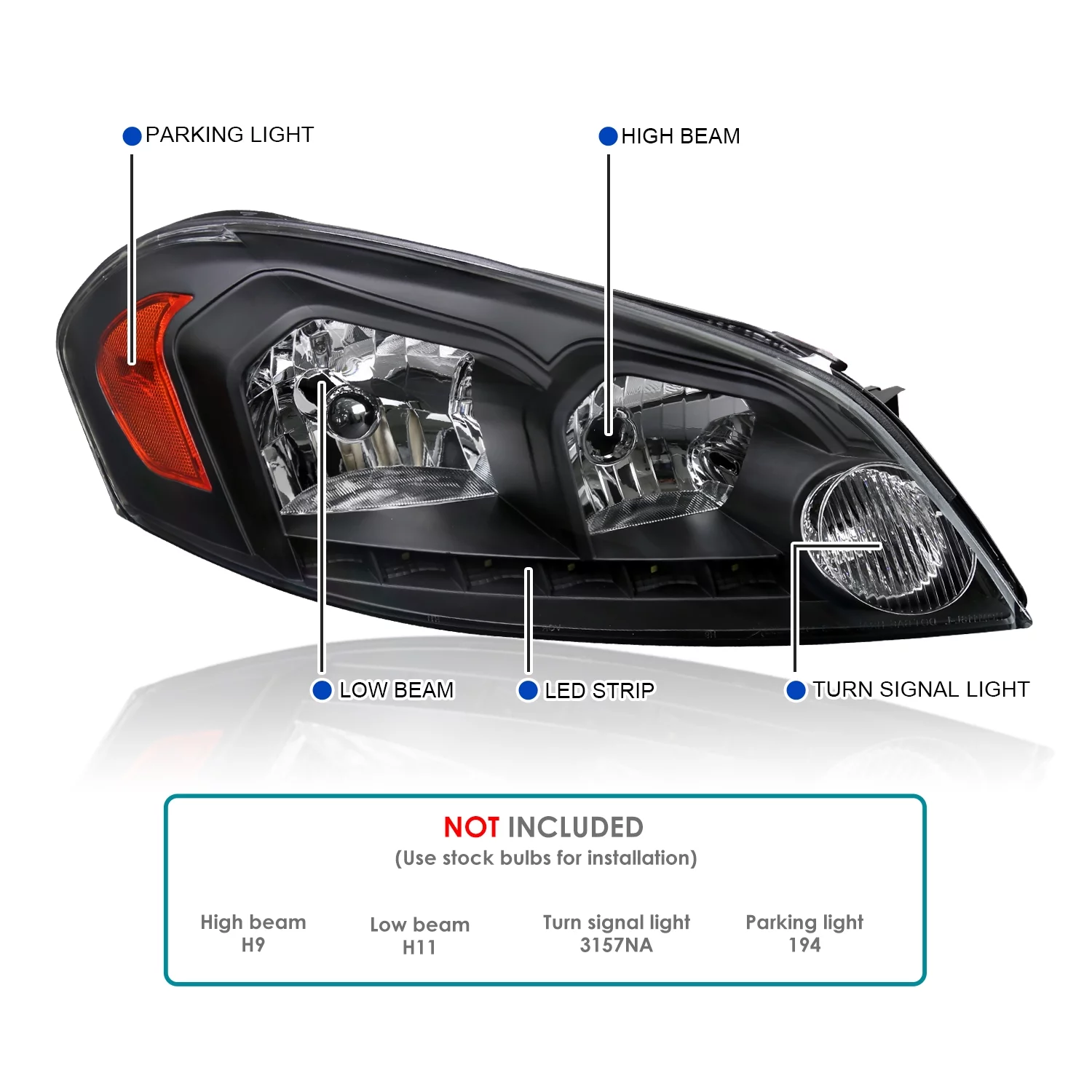Spec-D Tuning Black Clear SMD Led Headlights Compatible with Chevy Chevrolet Impala 2006-2013, 2006-2007 Monte Carlo, 2014-2016 Impala Limited, L+R Pair Head Light Lamp Assembly