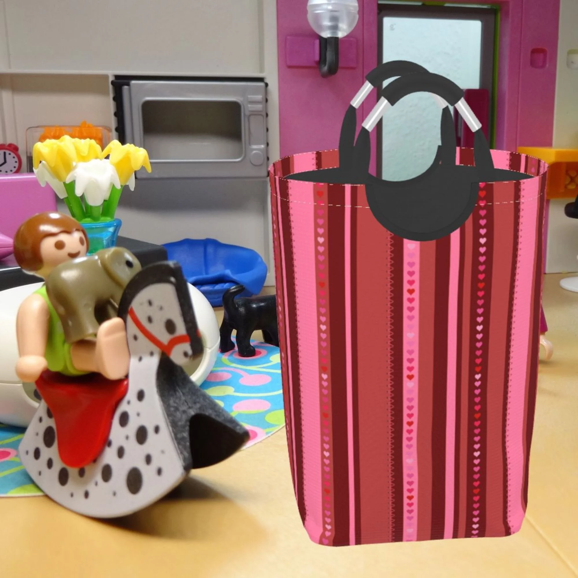 TEQUAN 50L Large Rectangular Laundry Hamper with Aluminum Handles, Red Pink Stitches Heart Prints Waterproof Foldable Dirty Clothes Basket