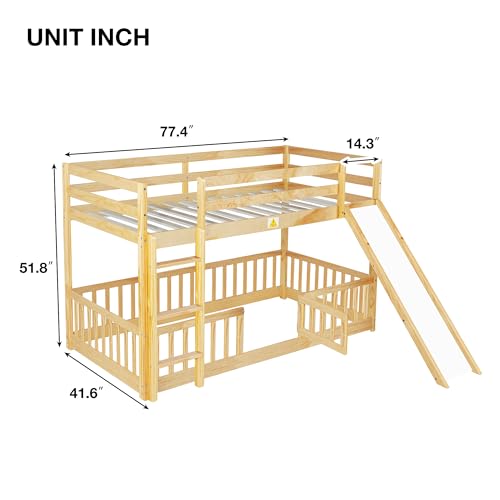 Bunk Beds Twin Over Full Size, Pine Solid Wooden Bunk Bed with Slide, Storage Staircase, Safety Guardrails for Kids, White