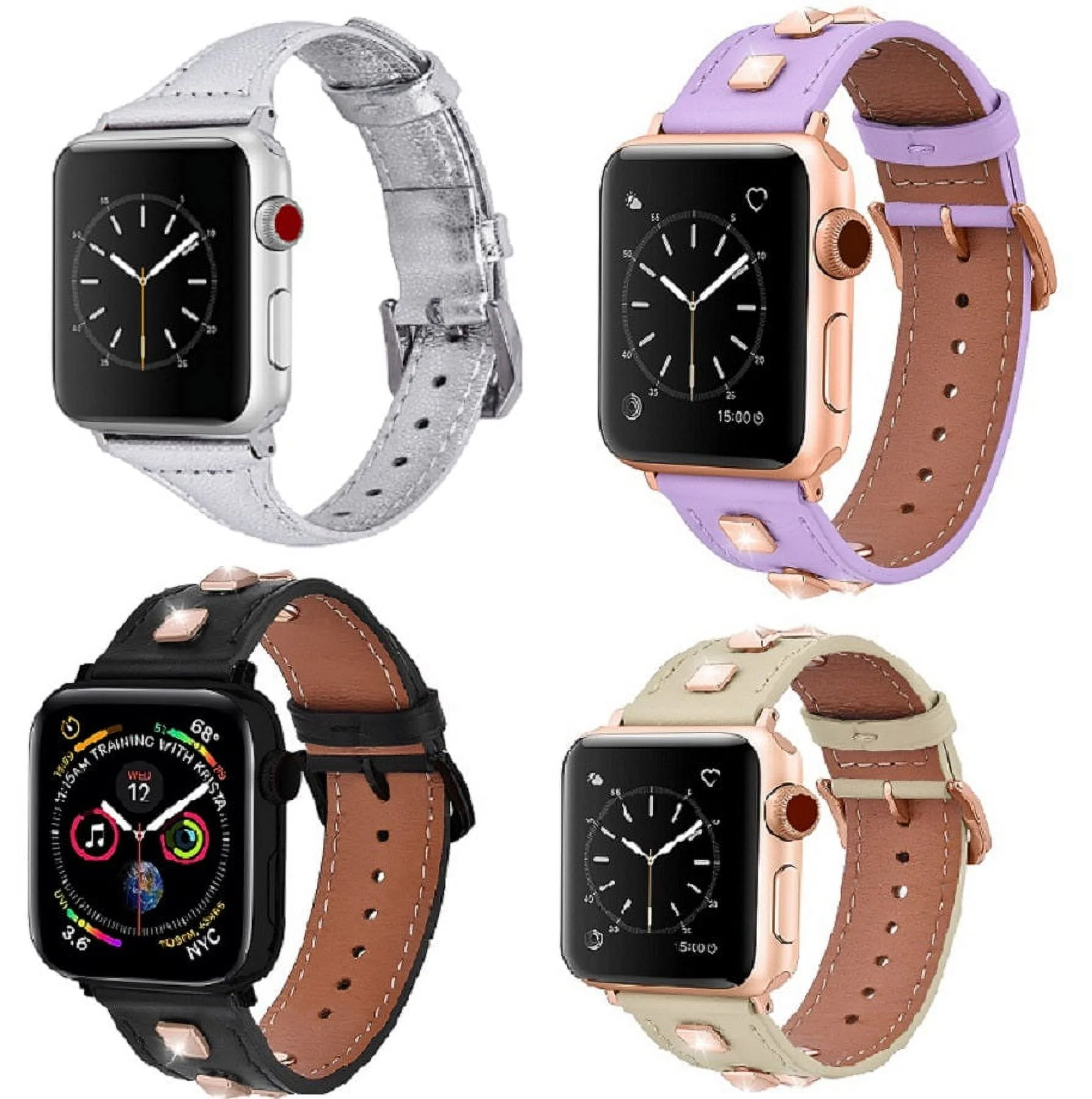 Worryfree Gadgets Leather Dress Watch Band Compatible with iWatch Sizes 38/40/41mm and 42/44/45/49mm- 4Pack Assorted Colors