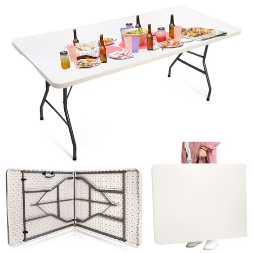 Goaste 6 Foot Folding Table, Portable Plastic Dining Table, Fold-in-Half Heavy Duty Table Indoor Outdoor for Camping, Picnic, Party, BBQ, Wedding, White