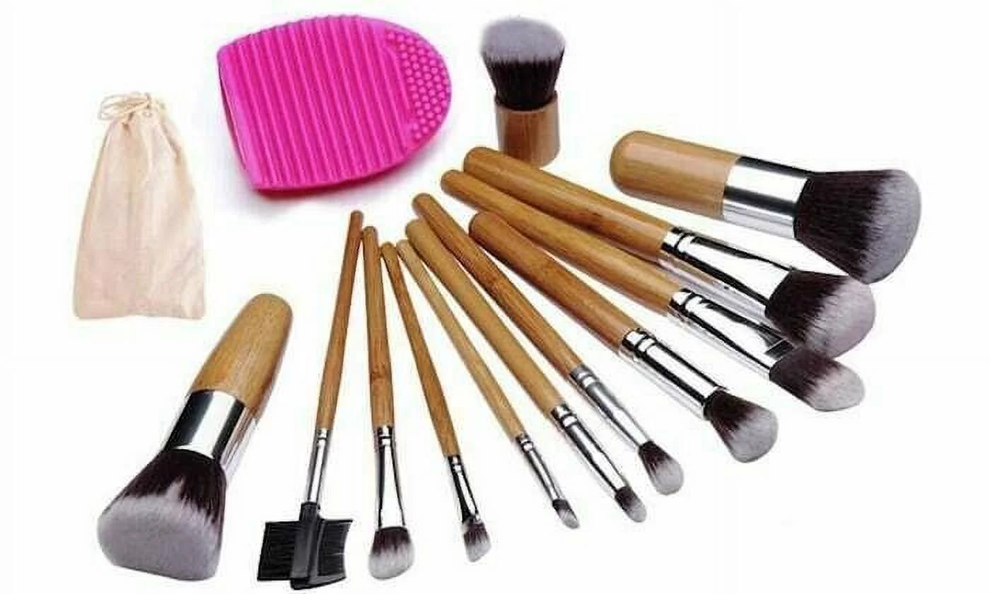 Makeup Brush Set (12-Piece) Kabuki Bamboo Handle & FREE Brush Egg