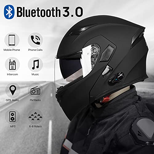 ILM Bluetooth Motorcycle Helmet Modular Flip up Full Face Dual Visor Mp3 Intercom FM Radio DOT Model 902BT(Matte Black, Large)
