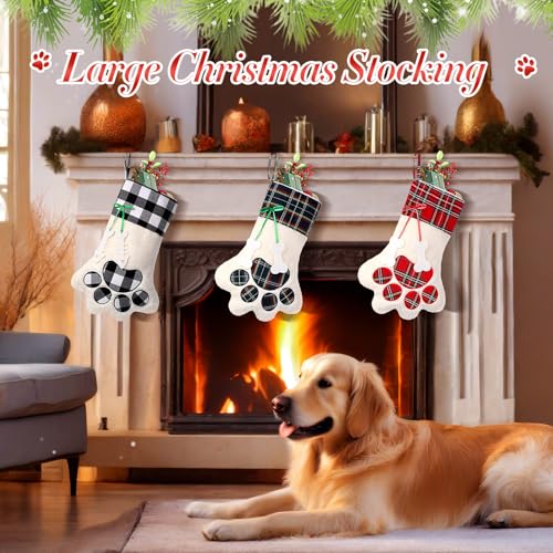 Realspring 4 Pcs Large Christmas Paw Stockings for Dog Cat Pet Christmas Hanging Stocking with Bone Pattern Tags for Puppy Xmas Gifts Party Fireplace Tree Decoration(Red and Black,Classic)