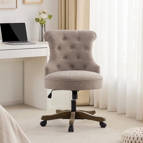 Home Office Chair Adjustable Height Swivel Chair with Wheels Linen Fabric Upholstered Computer Desk Chair with Wooden Legs Comfortable Armless Chair for Home Office Study Studio(Beige)