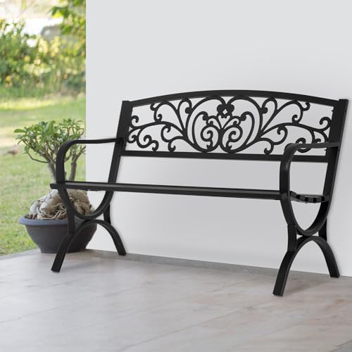PayLessHere Black Outdoor Metal Loveseat Chairs Patio Garden Bench 50-inch Slatted Seat Armrests Floral Design Plastics Backres Perfect for Park, Yard, Porch, Lawn, Balcony, Backyard