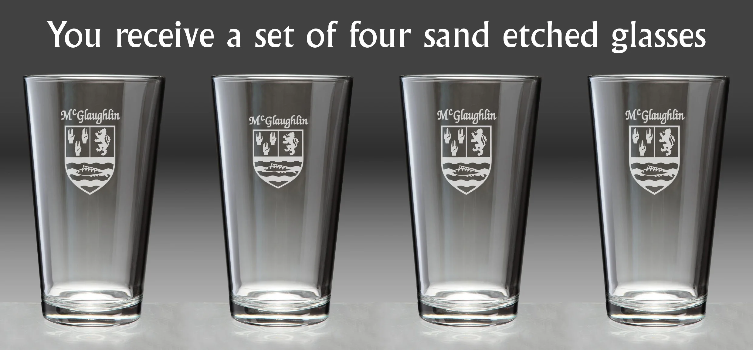 McGlaughlin Irish Coat of Arms Pint Glasses - Set of 4 (Sand Etched)