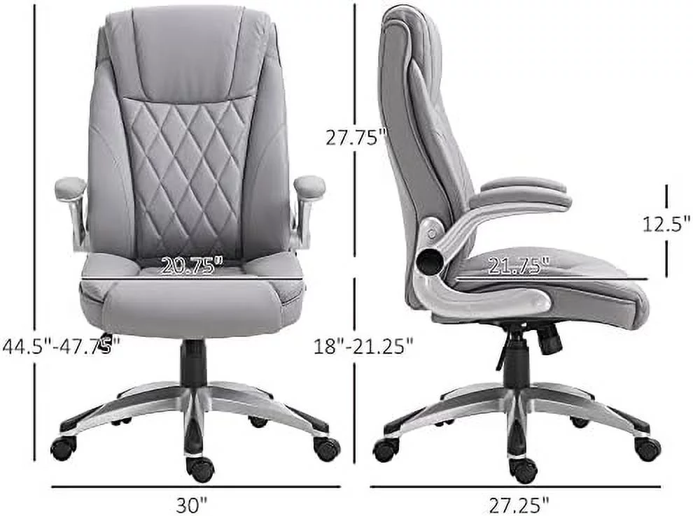 High Back 360° Swivel Ergonomic Home Office Chair With Up Arms, Faux Leather Computer Desk Rocking Chair, Grey