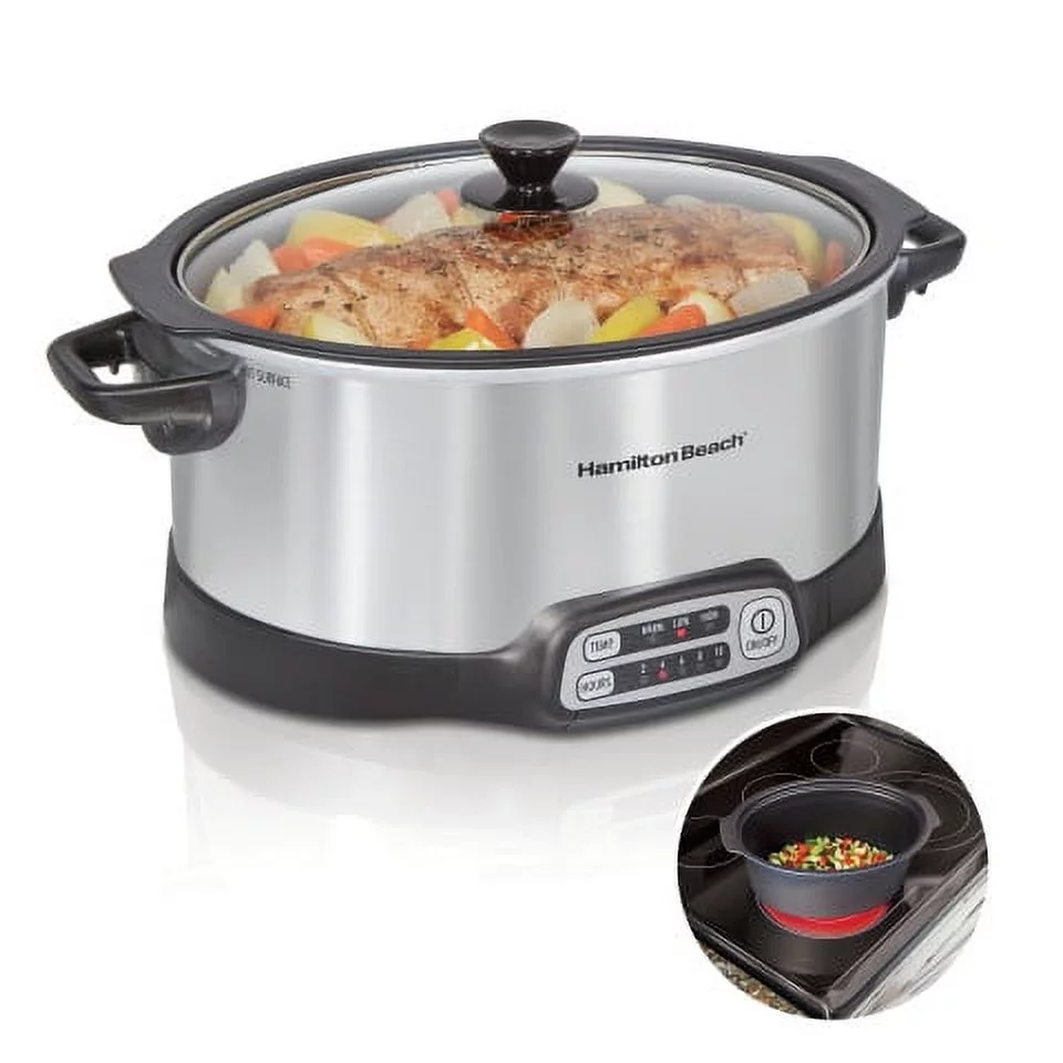 Hamilton Beach Programmable Slow Cooker, 6 Quart Capacity, Stovetop-Safe Sear and Cook Crock, Silver, 33662