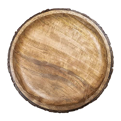 GoCraft Round Wooden Serving Platter with Tree Bark on Edges | Mango Wood Pizza Platter, Serve Board | Charcuterie Platter - 13