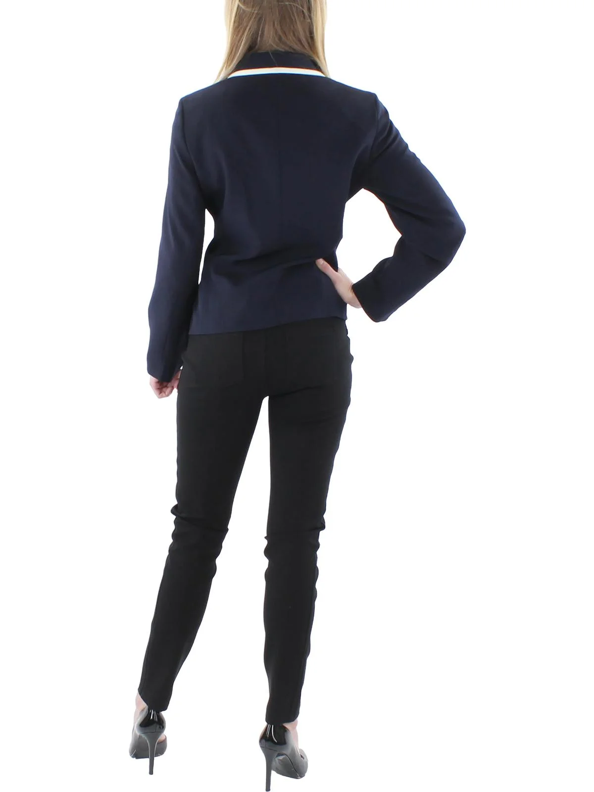 Le Suit Womens Petites Knit Contrast Trim One-Button Blazer