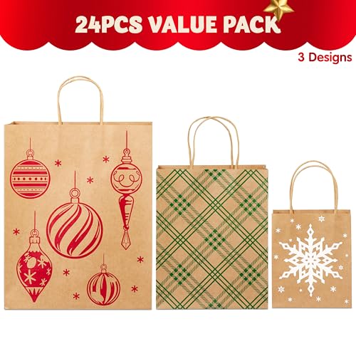 JOYIN 24 PCS Christmas Kraft Gift Bags Assorted Sizes, Reusable Holiday Paper Presents Wrapping Bags with Handles for Party, Birthday, Festival Classroom Treat Candy and Party Favors
