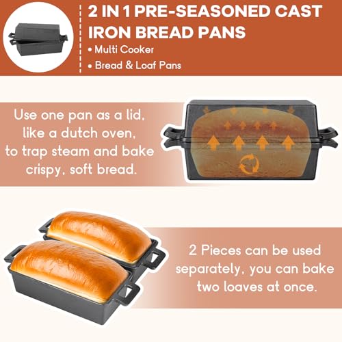 9 x 5 Inch Cast Iron Loaf Pan with Lid, 2-In-1 Dutch Oven for Bread Baking, Sourdough Bread Pan with Baking Tool Supplies Kit for Homemade Bread, Cake, Meatloaf, 2 Piece Set