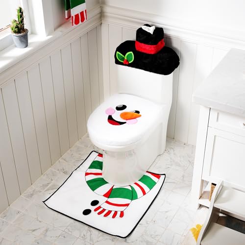 JOYIN 2 Set 5 Pieces Christmas Theme Bathroom Decoration Set w/Toilet Seat Cover, Rugs, Tank Cover, Toilet Paper Box Cover and Santa Towel for Xmas Indoor Décor, Party Favors (Santa & Snowman)
