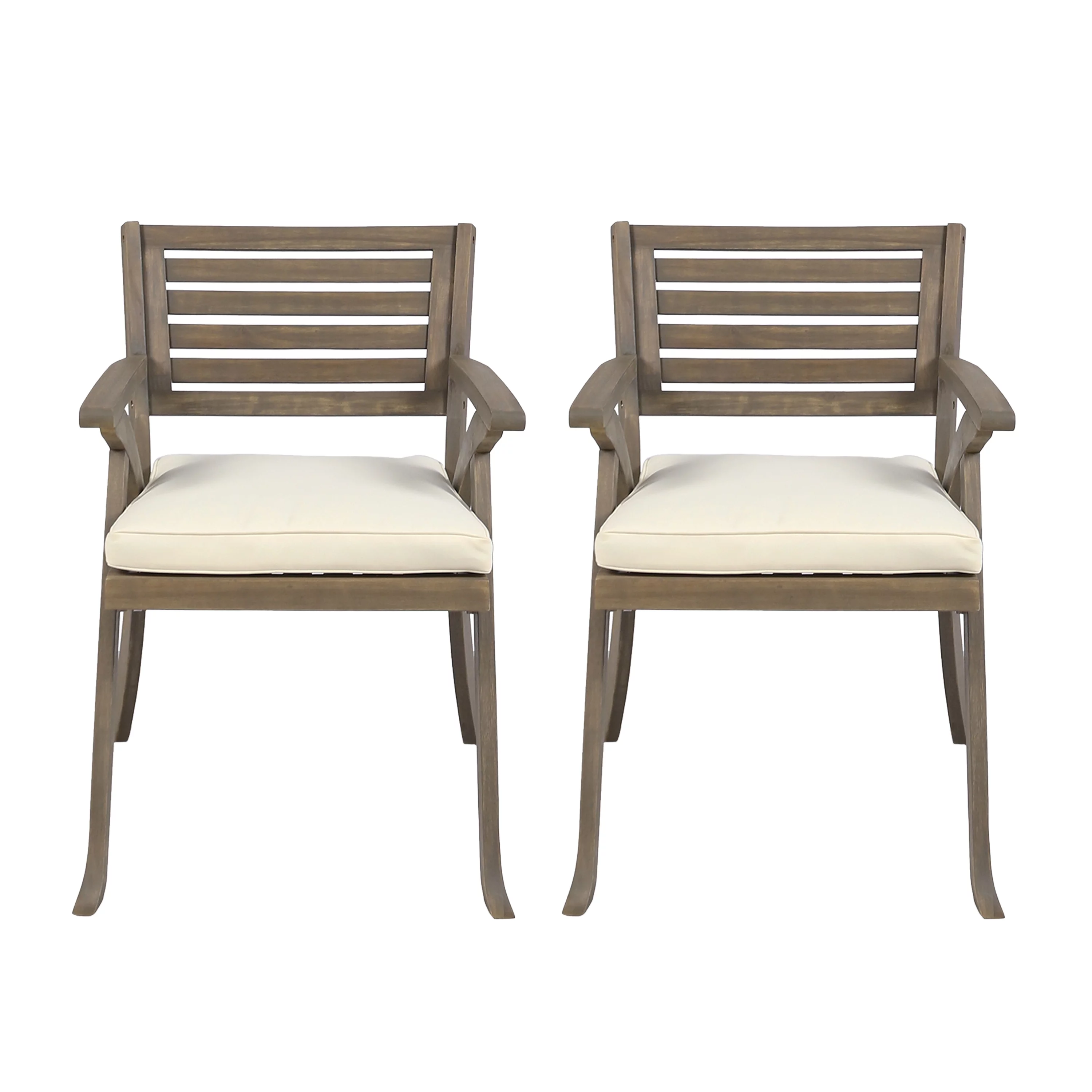 Skye Outdoor Acacia Wood Dining Chair with Cushions, Set of 2, Gray, Crème