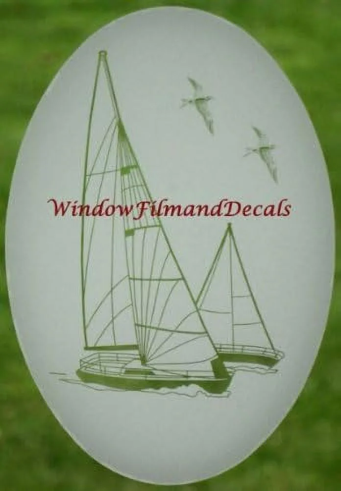 Sailboat Oval Etched Window Decal Vinyl Glass Cling - 8