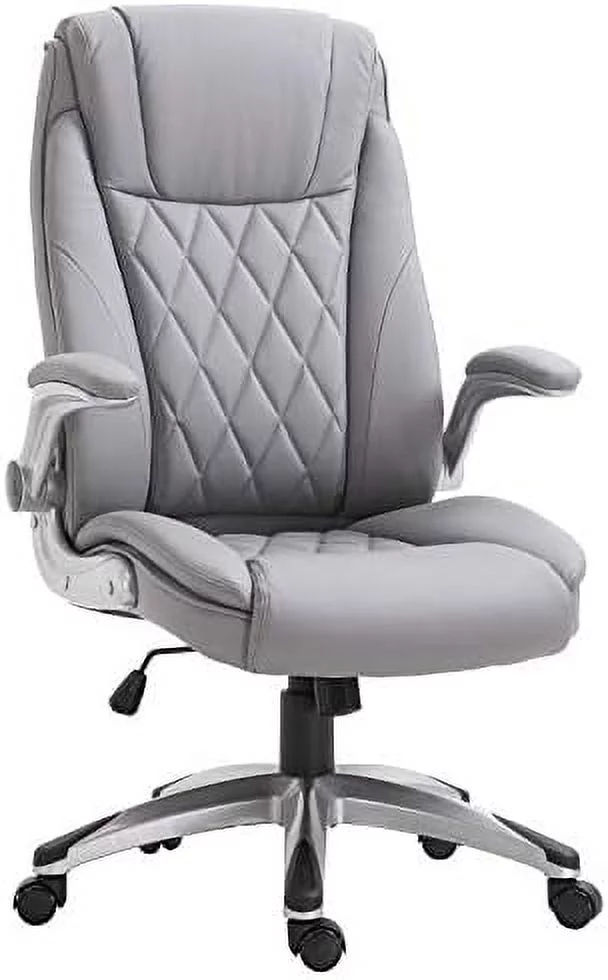 High Back 360° Swivel Ergonomic Home Office Chair With Up Arms, Faux Leather Computer Desk Rocking Chair, Grey