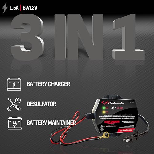 Schumacher Electric Battery Charger and Maintainer, SC1300, 3-in-1, Fully Automatic, 1.5 Amps, 6 Volt, 12 Volt, for Motorcycle, Power Sport, Car, Truck, and Marine Batteries