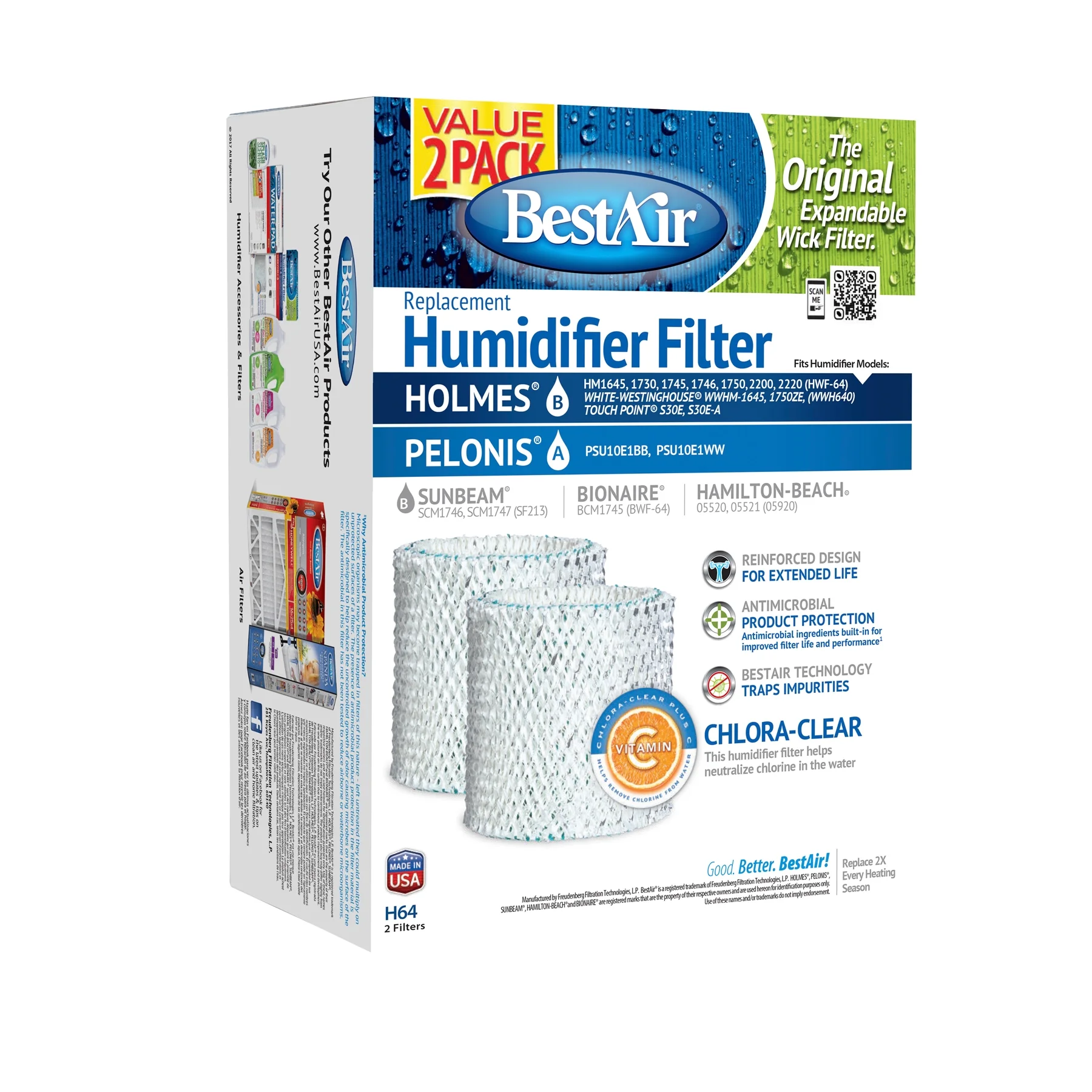 BestAir® H64 Value 2 Pack Humidifier Replacement Paper Wick Filter for Holmes Machines Wt: 0.6 lb