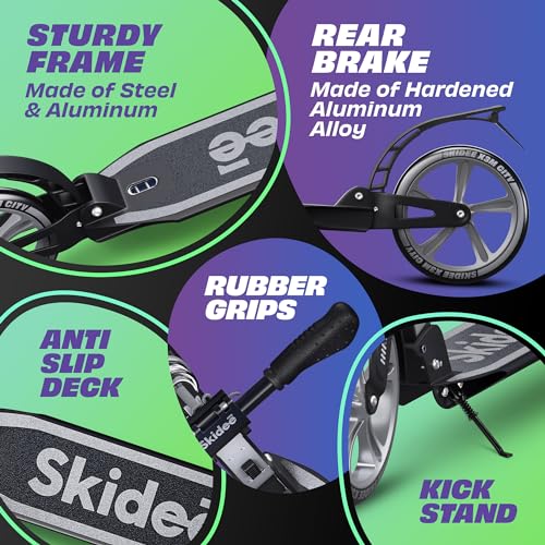 Skidee Adult & Teen Scooter Adjustable Height, Folding, Large Wheels, Lightweight, Durable, Anti-Shock Suspension, Up to 220 lbs