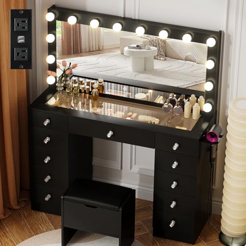 VOWNER Vanity with Lighted Mirror - Makeup Vanity Desk with Glass Top and 11 Drawers, 3 Color Lighting Modes Adjustable Brightness, 46