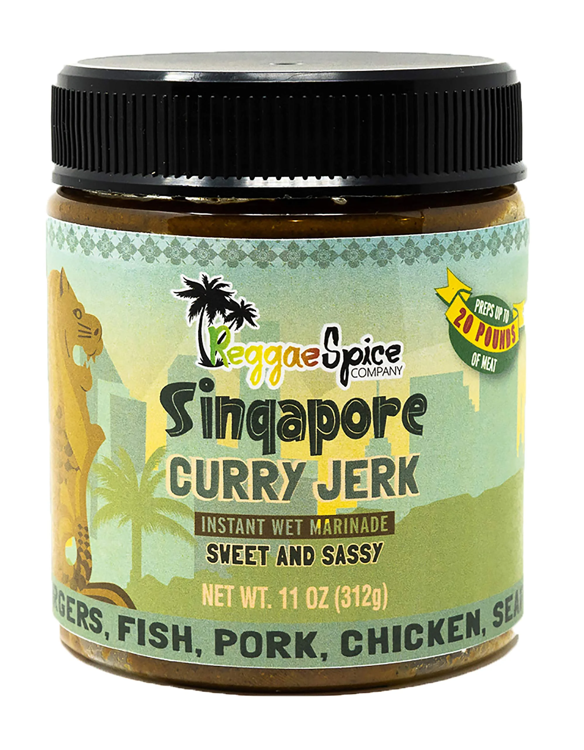 REGGAE SPICE Singapore Curry Jerk Seasoning Authentic Wet Rub Marinade Sauce Made with Jamaican Spices - Perfect for Beef, Pork, Chicken, Seafood, and Vegetables - 11 OZ, Sweet and Sassy