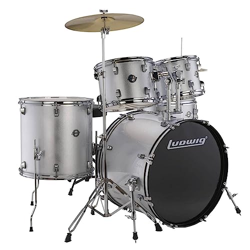 Ludwig Accent 5-piece Complete Drum Set - 22-inch Bass Drum and Cymbals, Silver Sparkle