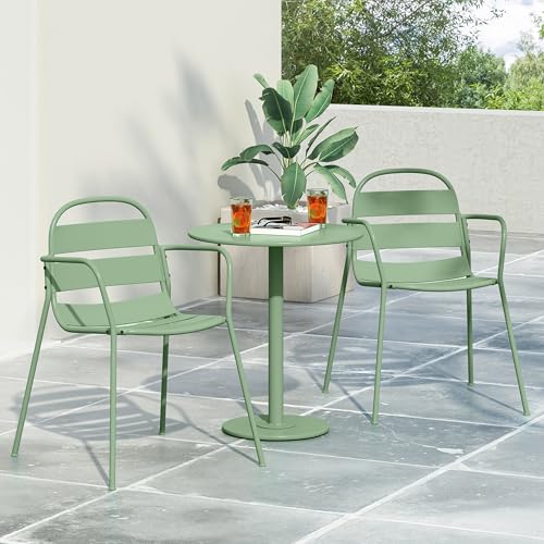 GDFStudio Thrra Nova 3-Piece Outdoor Bistro Set Modern Iron Patio Furniture with 2 Slatted Chairs & Round Table Weather-Resistant for Balcony Garden Backyard Poolside, Dark Green