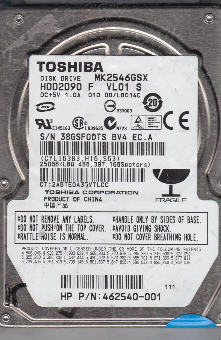 MK2546GSX, D0/LB014C, HDD2D90 F VL01 S, Toshiba 250GB SATA 2.5 Hard Drive
