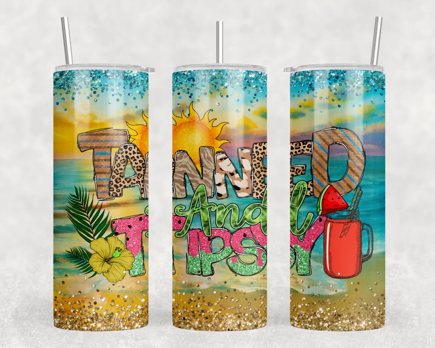 Tanned and Tipsy Summertime Fun 20 Oz Insulated Metal Tumbler w/Lid and Straw