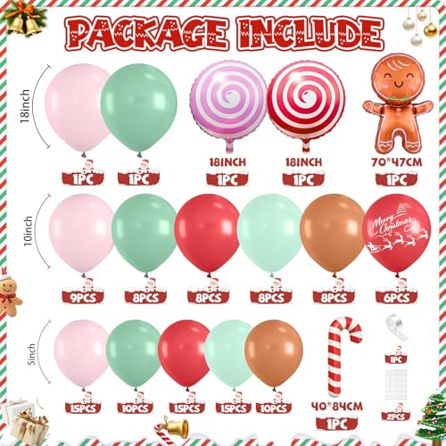 120 PC Pink Christmas Balloon Arch, Gingerbread Balloon Arch, Light Purple Teal Blue Green Ivory White Metallic Gold Balloons Candy Cane Gingerbread Man Foil Balloons for Christmas Party Decoration