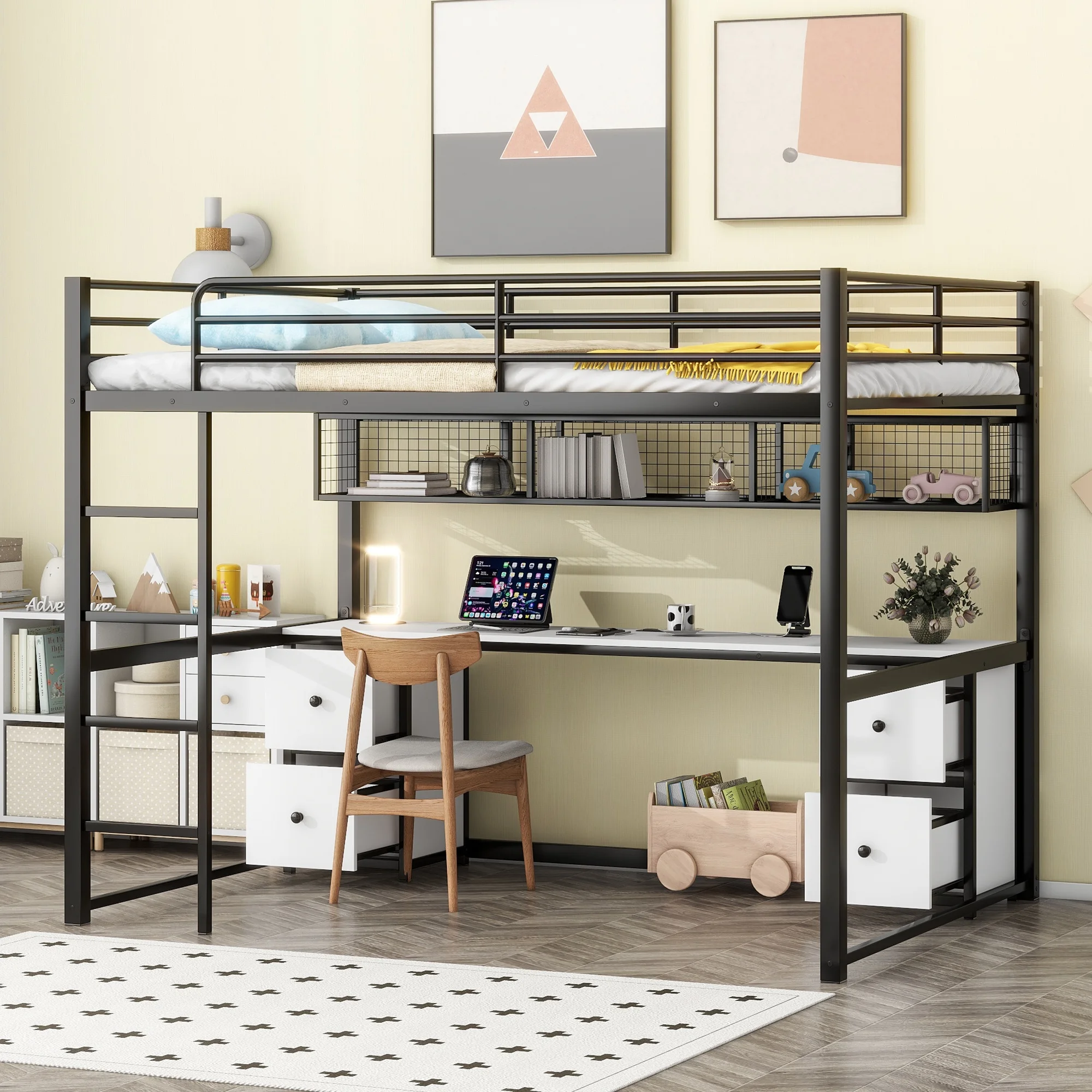 Euroco Metal Full Size Loft Bed with Storage Shelf and Built-in Desk & Cabinet, USB Charging Station and Bedside Tray, Black