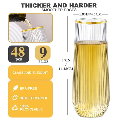 48 Pack Plastic Ribbed Champagne Flutes, 9 Oz Stemless Disposable Clear Plastic Toasting Glasses Shatterproof Recyclable and BPA-Free Perfect For Wedding